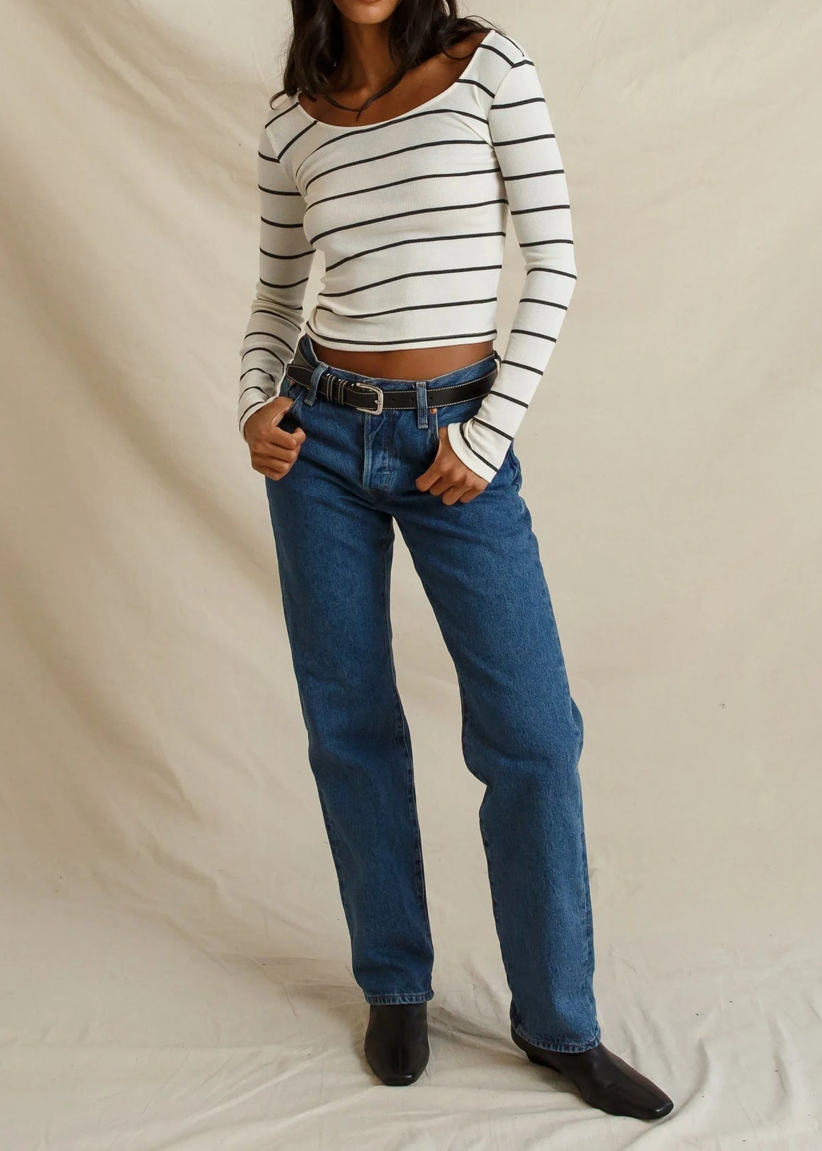 Perfect White Tee Penelope Micro Modal Cashmere Rib Scoop Neck Longsleeve | Natural Charcoal Stripe