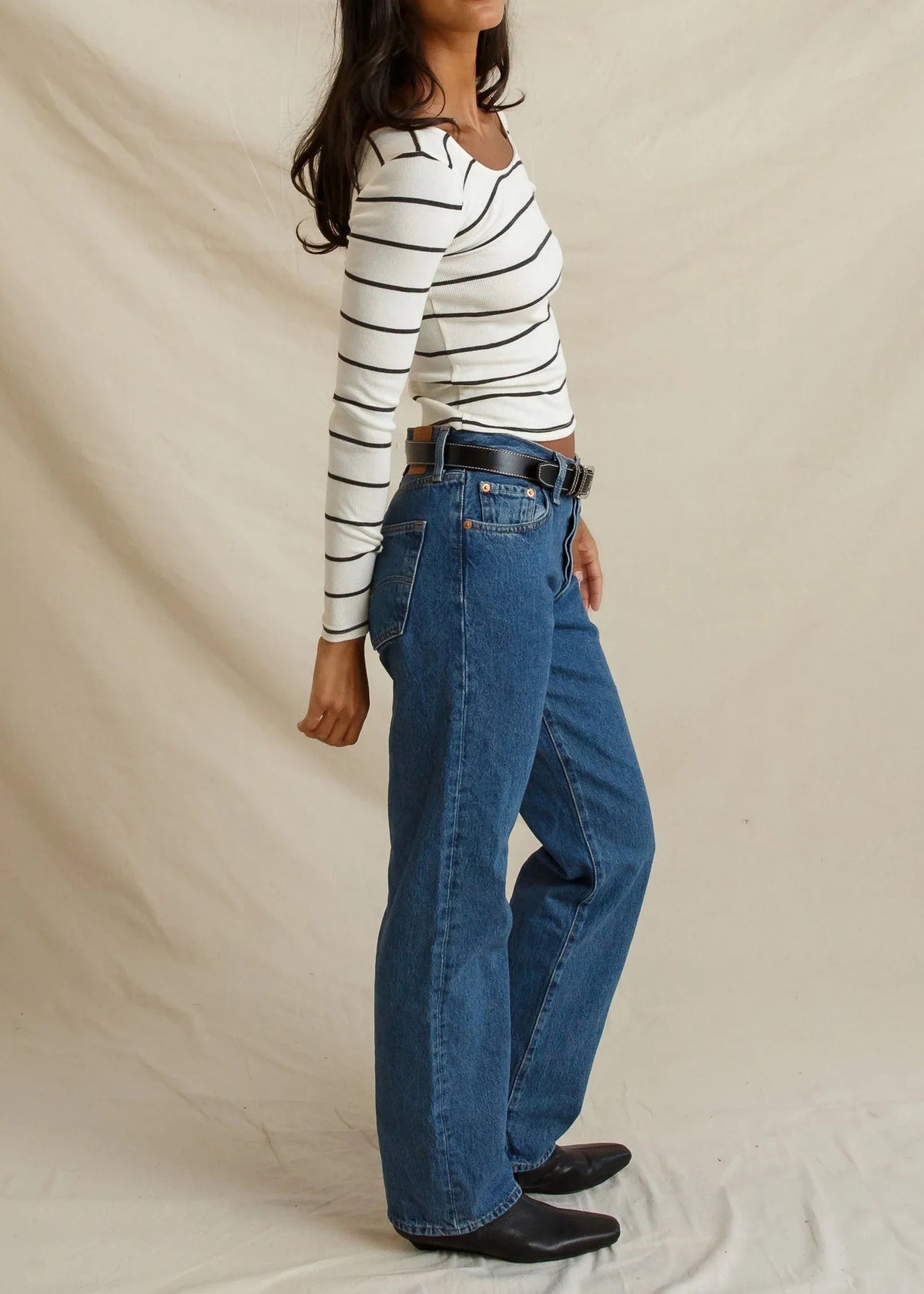 Perfect White Tee Penelope Micro Modal Cashmere Rib Scoop Neck Longsleeve | Natural Charcoal Stripe