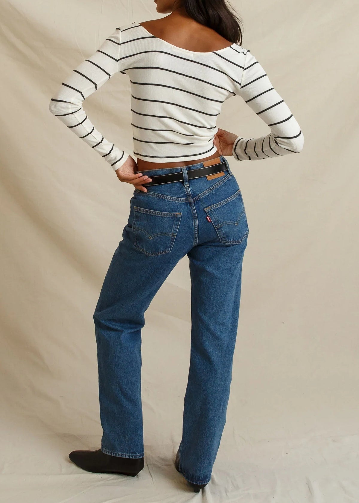 Perfect White Tee Penelope Micro Modal Cashmere Rib Scoop Neck Longsleeve | Natural Charcoal Stripe