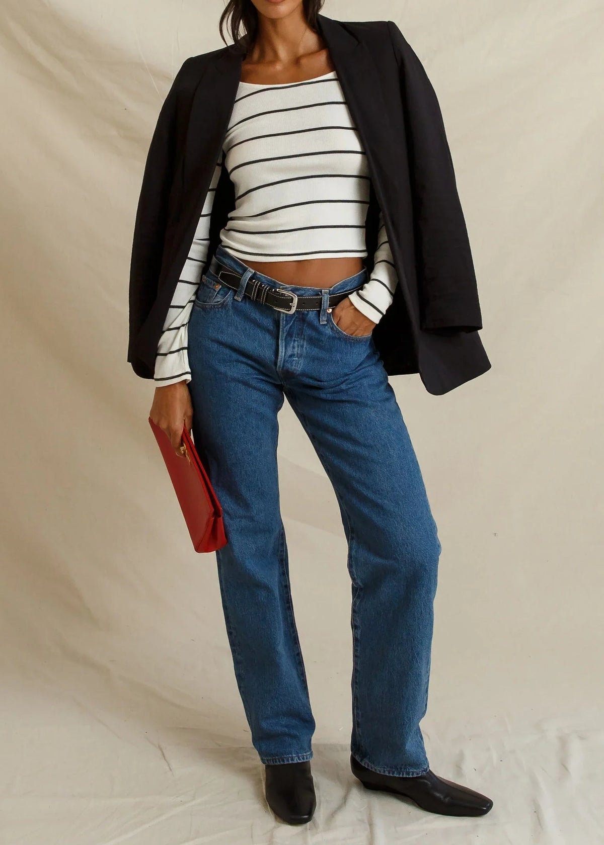Perfect White Tee Penelope Micro Modal Cashmere Rib Scoop Neck Longsleeve | Natural Charcoal Stripe