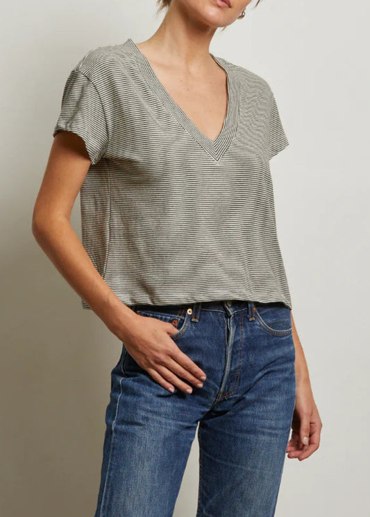 Perfect White Tee Rosie Stripe Linen Jersey V-Neck Tee | Ivory/Black Stripe