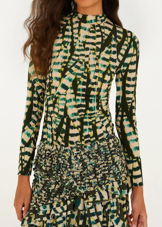 FARM Rio Striped Leaves Moss Green Blouse
