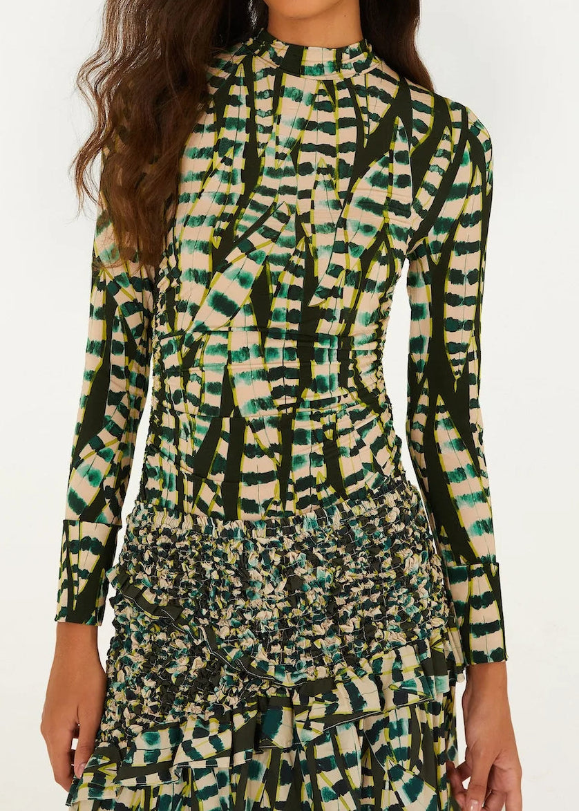 FARM Rio Striped Leaves Moss Green Blouse