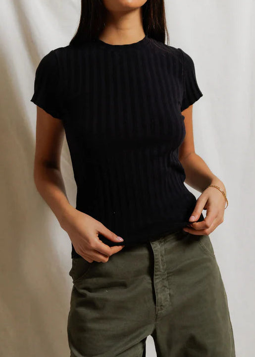 Perfect White Tee Suri Poorboy Rib Cap Sleeve Tee | True Black