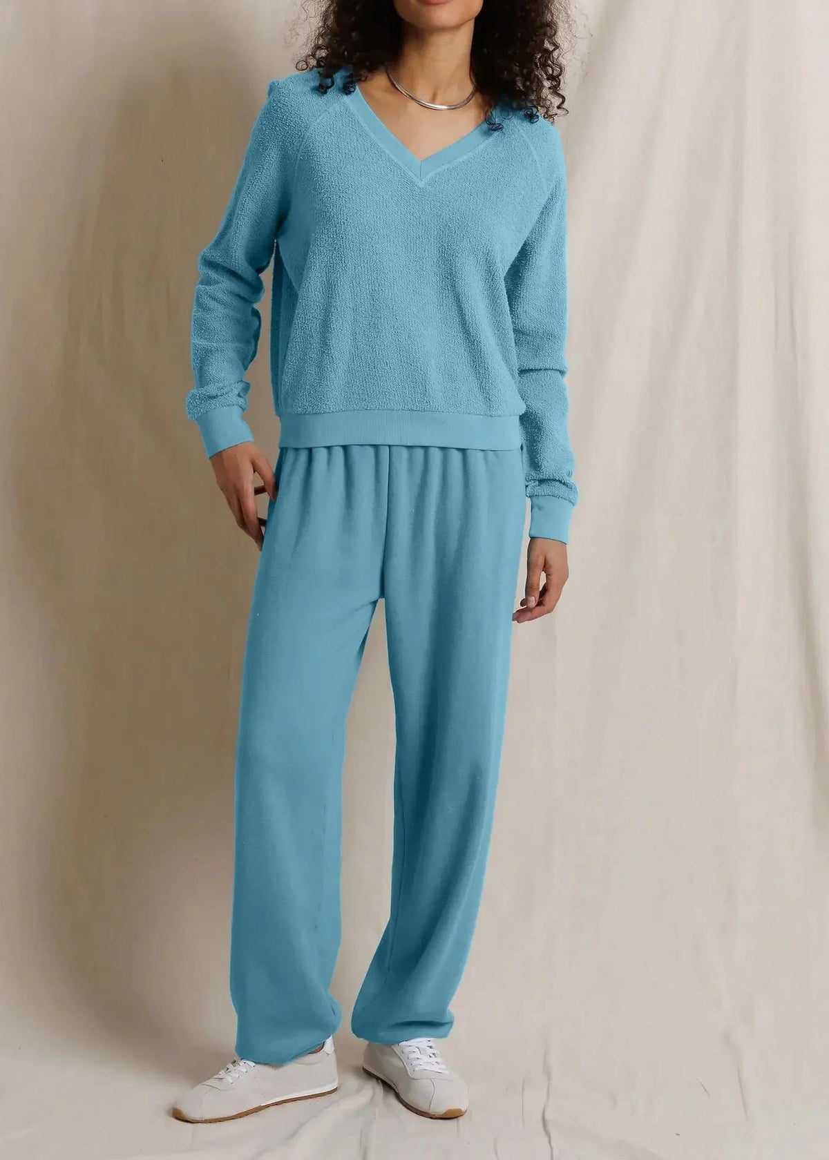Perfect White Tee Ziggy Reverse Fleece V Neck | Milky Blue