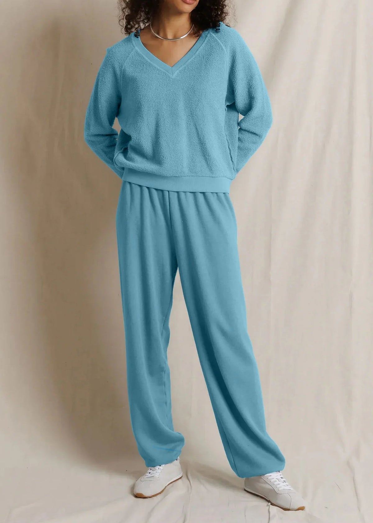 Perfect White Tee Ziggy Reverse Fleece V Neck | Milky Blue