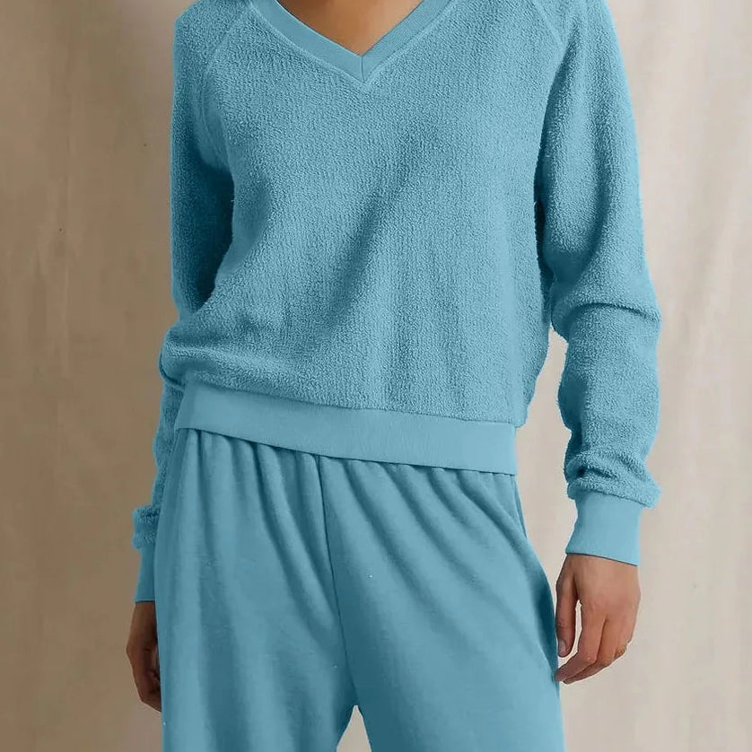 Perfect White Tee Ziggy Reverse Fleece V Neck | Milky Blue
